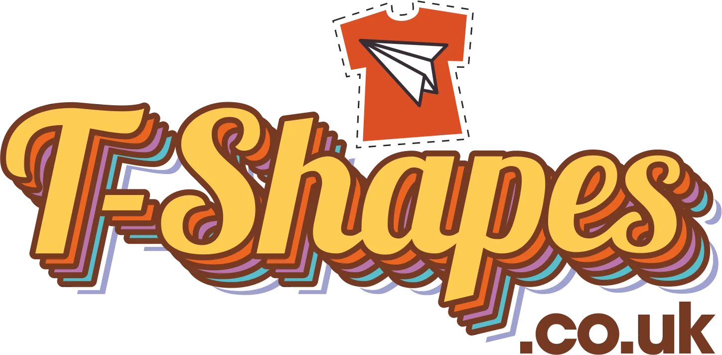 TShapes logo featuring a bold, multi-layered, retro-style text with a paper plane graphic on a t-shirt icon.