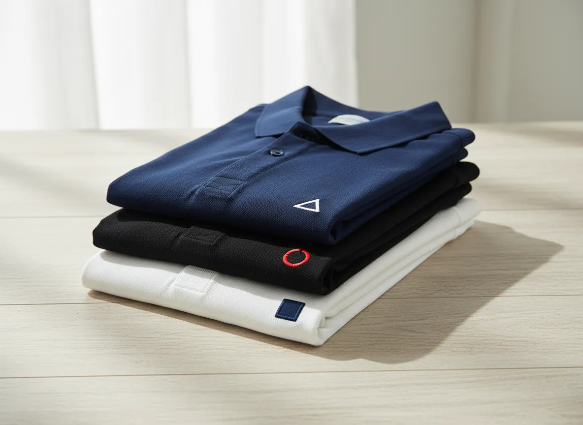 Folded polo shirts with embroidered company logo — branded workwear from T-Shapes