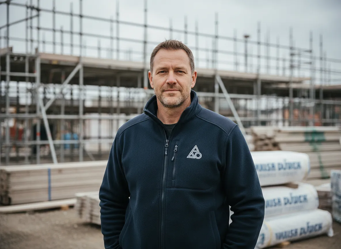 Tradesperson in printed navy fleece with company logo — branded workwear for trades from T-Shapes
