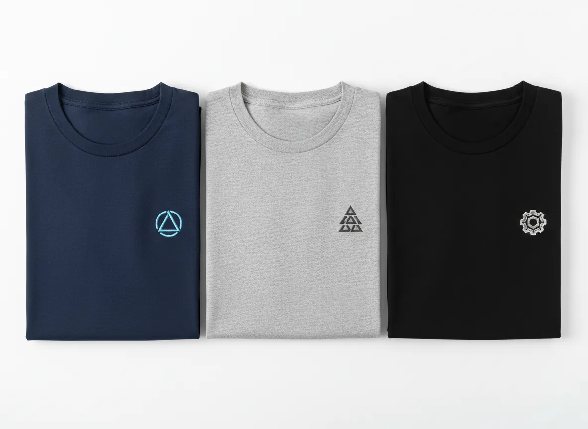 Flatlay of embroidered work t-shirts showing logo placement — custom workwear for tradespeople