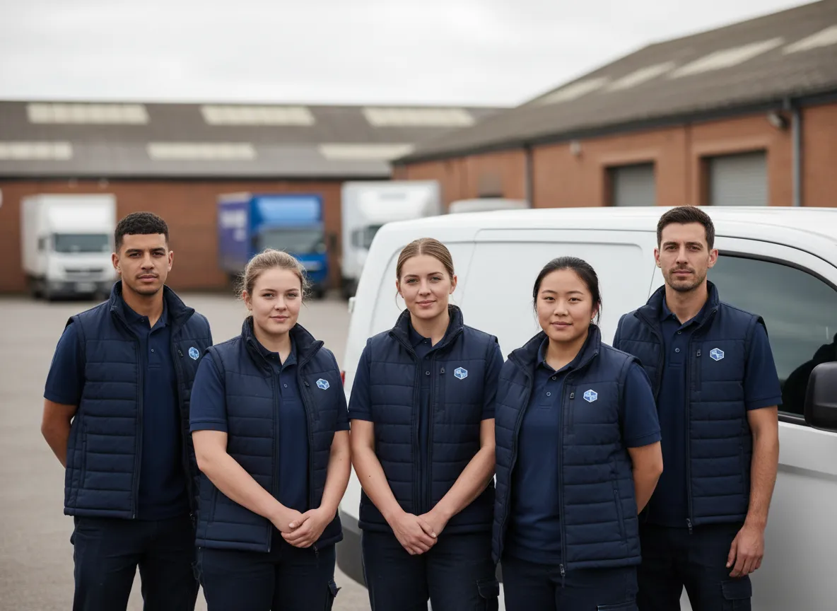 Work team wearing branded polo shirts and embroidered bodywarmers
