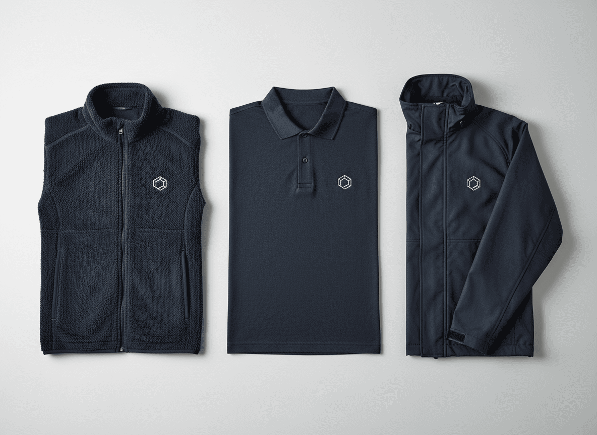 Branded workwear flat lay set showing embroidered and printed garments
