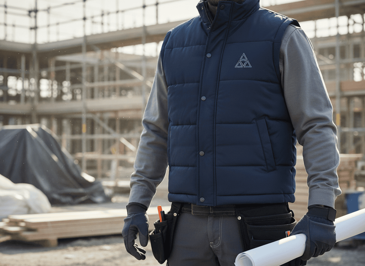 Worker wearing navy embroidered padded gilet on a building site