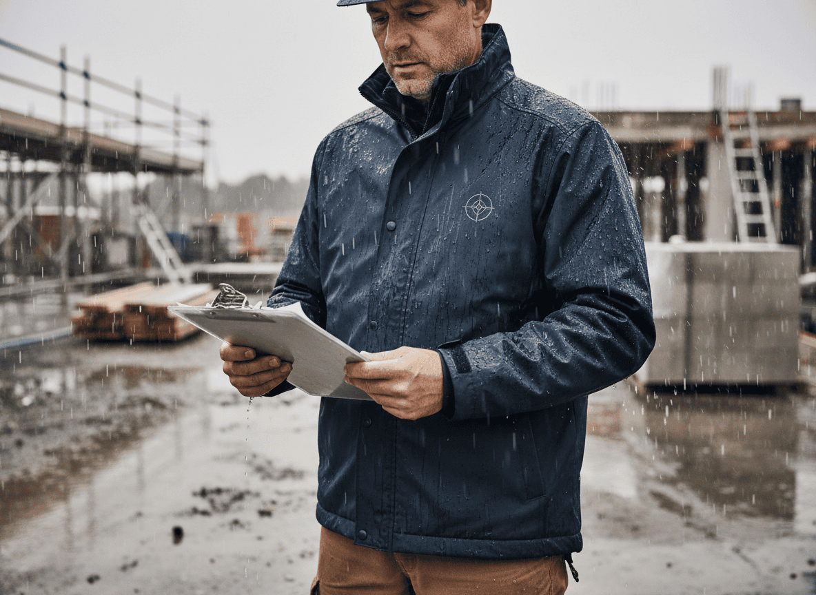 Site worker with clipboard wearing branded hi-vis workwear in the rain