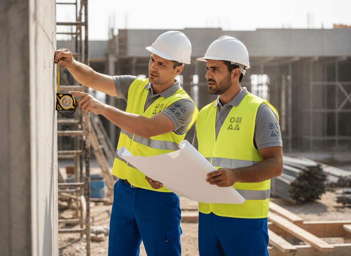Three workers in branded workwear sweatshirts at a job site