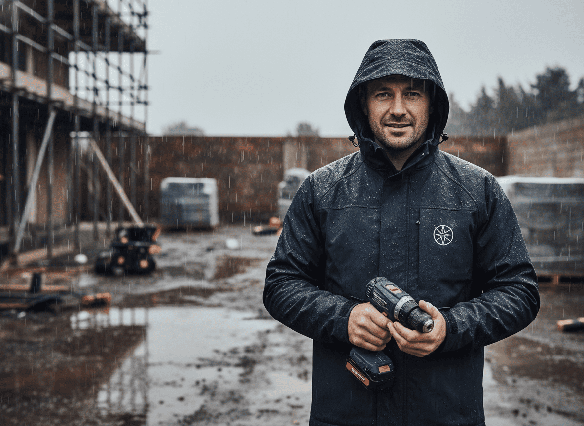 Tradesperson in branded workwear carrying tools in wet weather