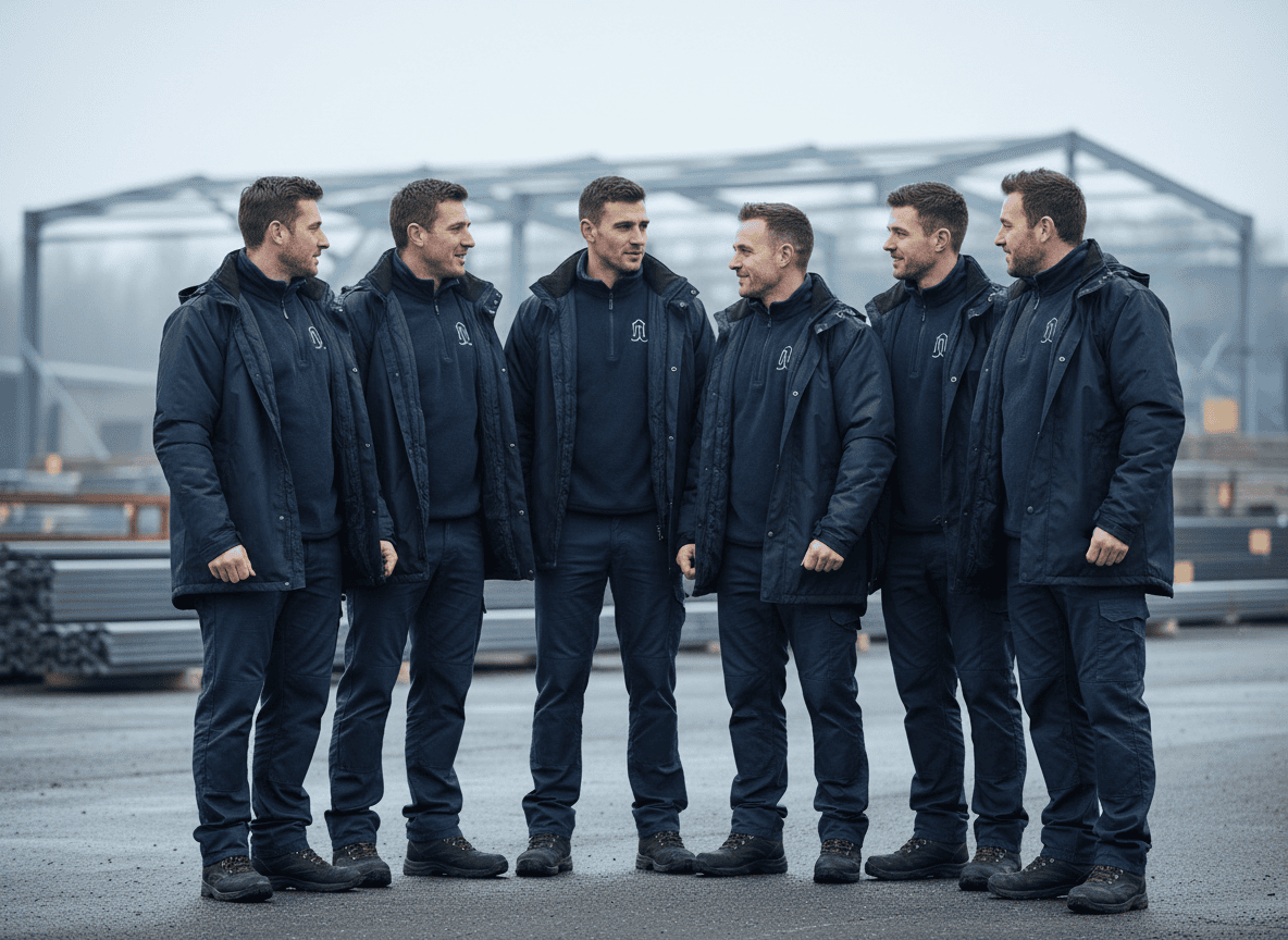 Branded workwear team wearing sweatshirts outdoors in winter