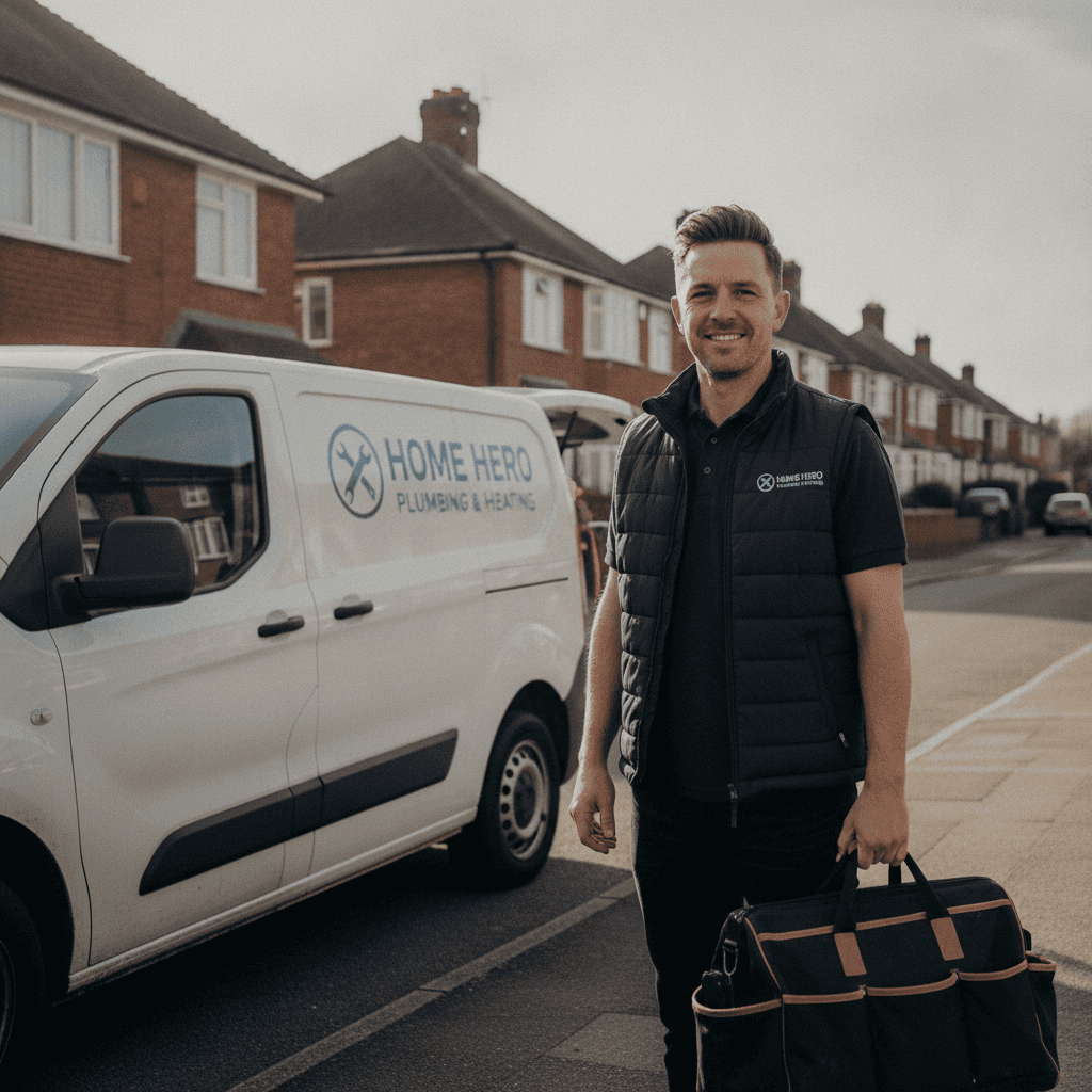 Self-employed tradesperson in branded polo shirt and hi-vis vest with company logo